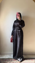 Black Satin Belted Dress