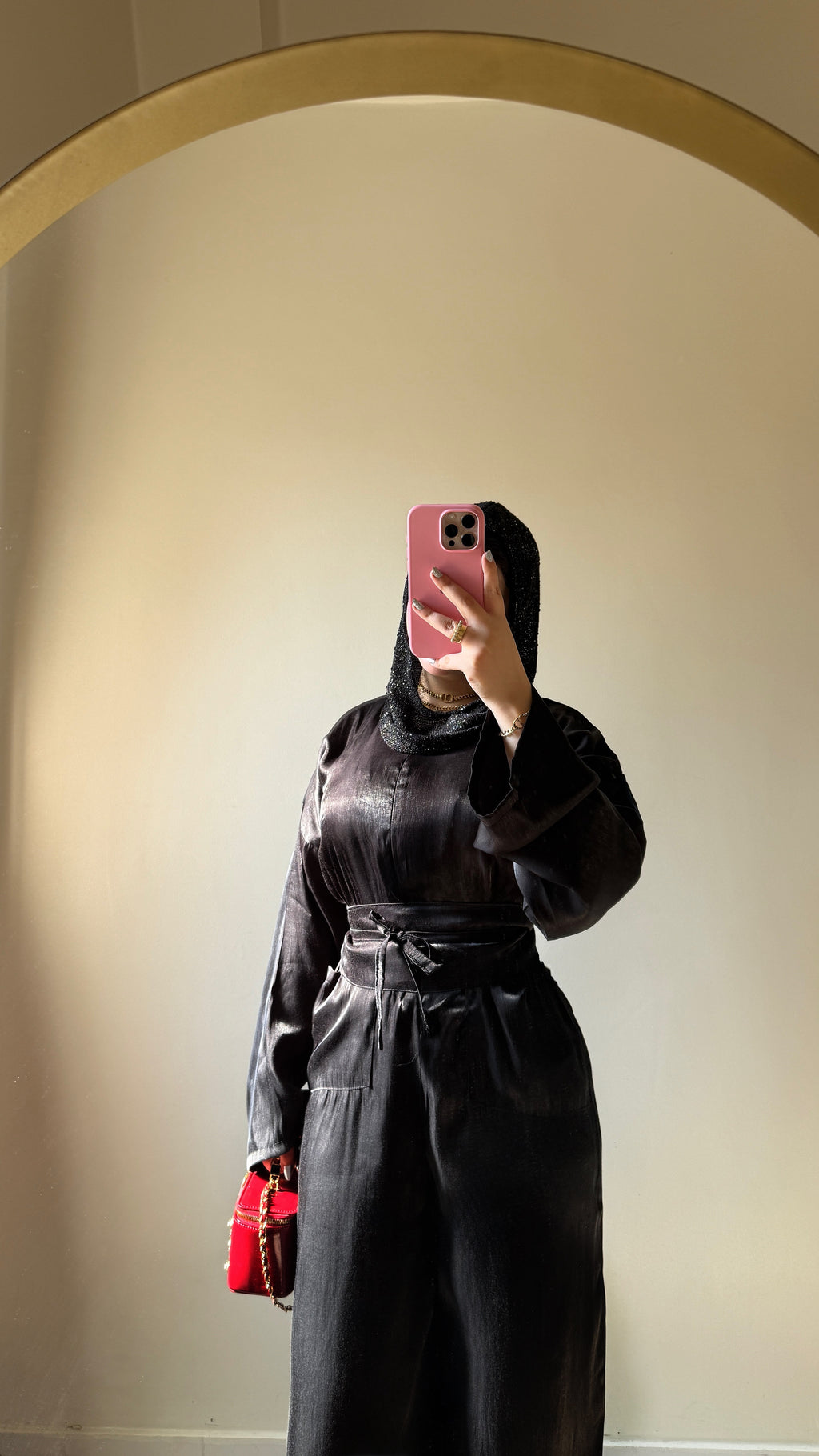 Black Satin Belted Dress