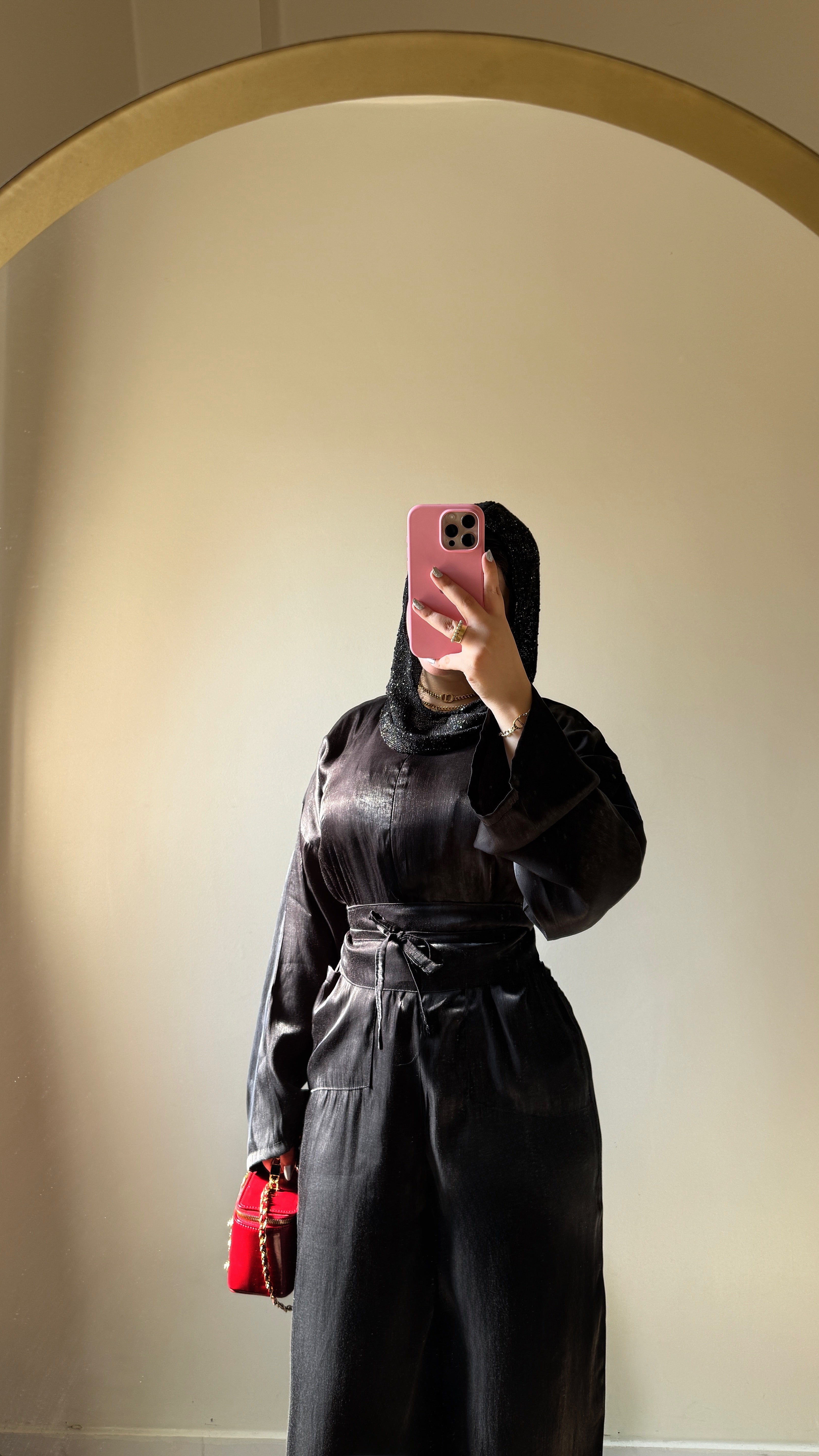 Black Satin Belted Dress