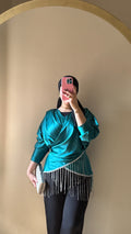 Teal Fringed Satin Blouse