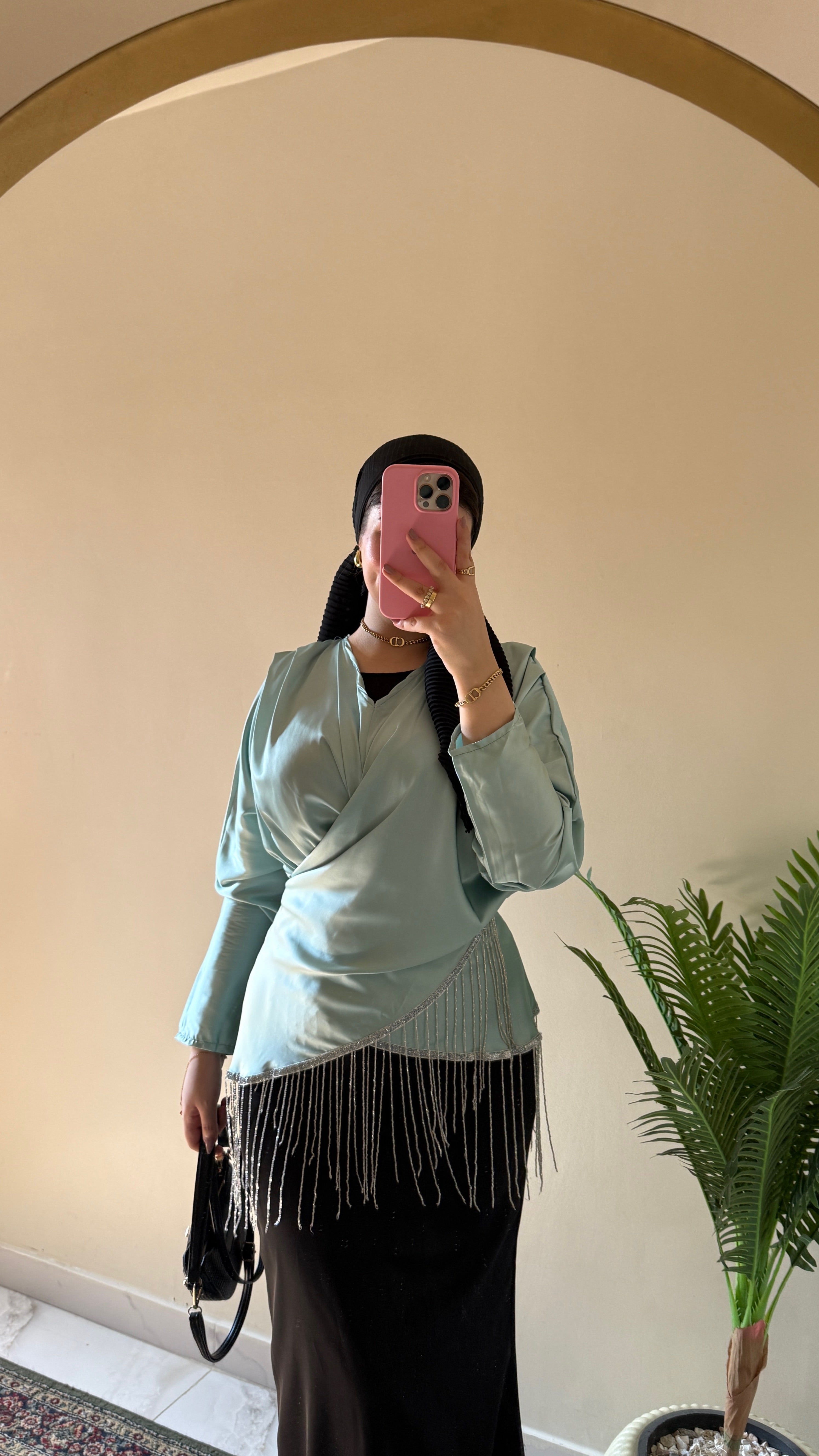 Sage Fringed Satin Blouse